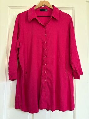 Eileen Fisher Stretch Linen Blend Button Down Tunic Top Pink Lagenlook XL